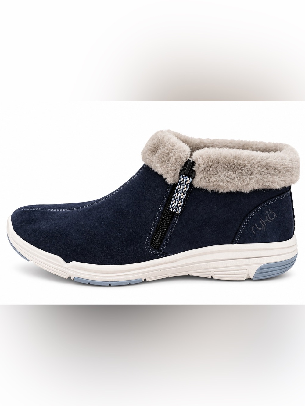 Ryka Navy Faux-Suede Ankle Boot with Light Gray Fleece Collar